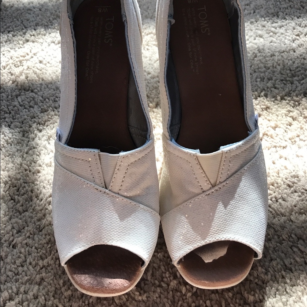 White sparkly Toms wedges
